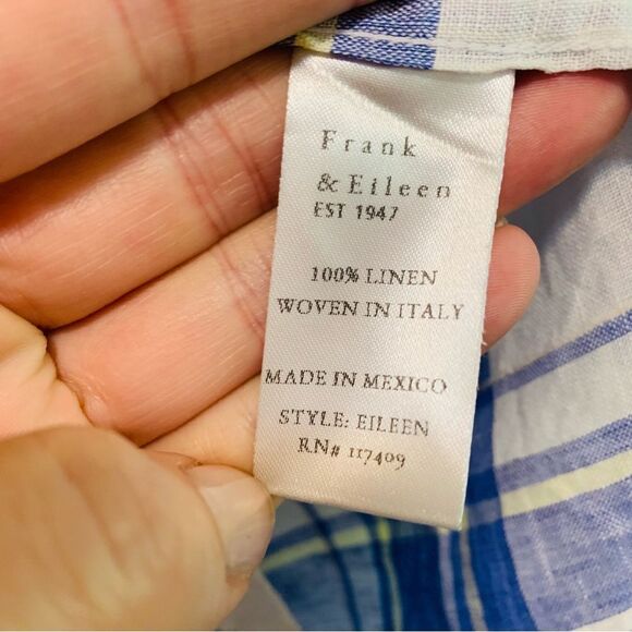 Frank & Eileen Eileen Relaxed Button Up Short Italian Classic Linen Blue Plaid L - Picture 8 of 11